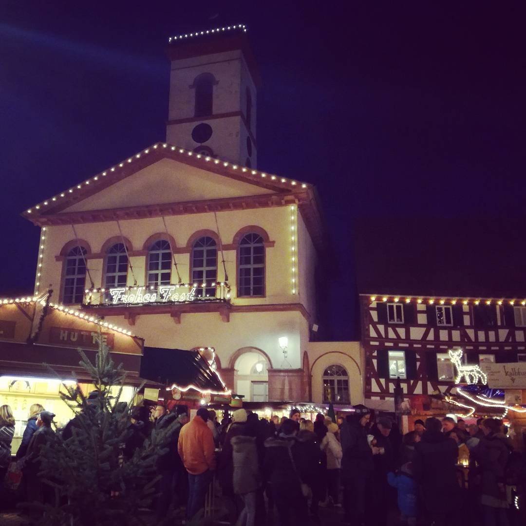 Das Rathaus und der Adventsmarkt in weihnachtlicher Beleuchtung